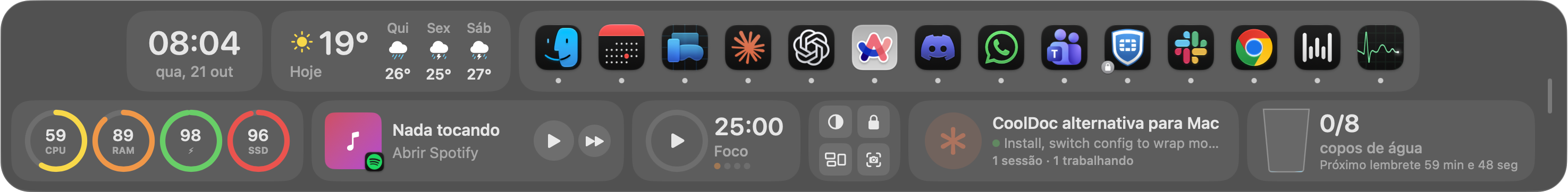 BestDock on two rows: clock, weather, a row of app icons, system rings, now playing, pomodoro timer, quick actions, a Claude sessions widget and a water tracker